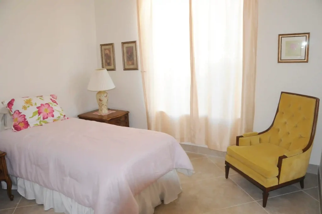 A bedroom's inner view, in which a sofa and a bed, a lamp and some wall art is placed